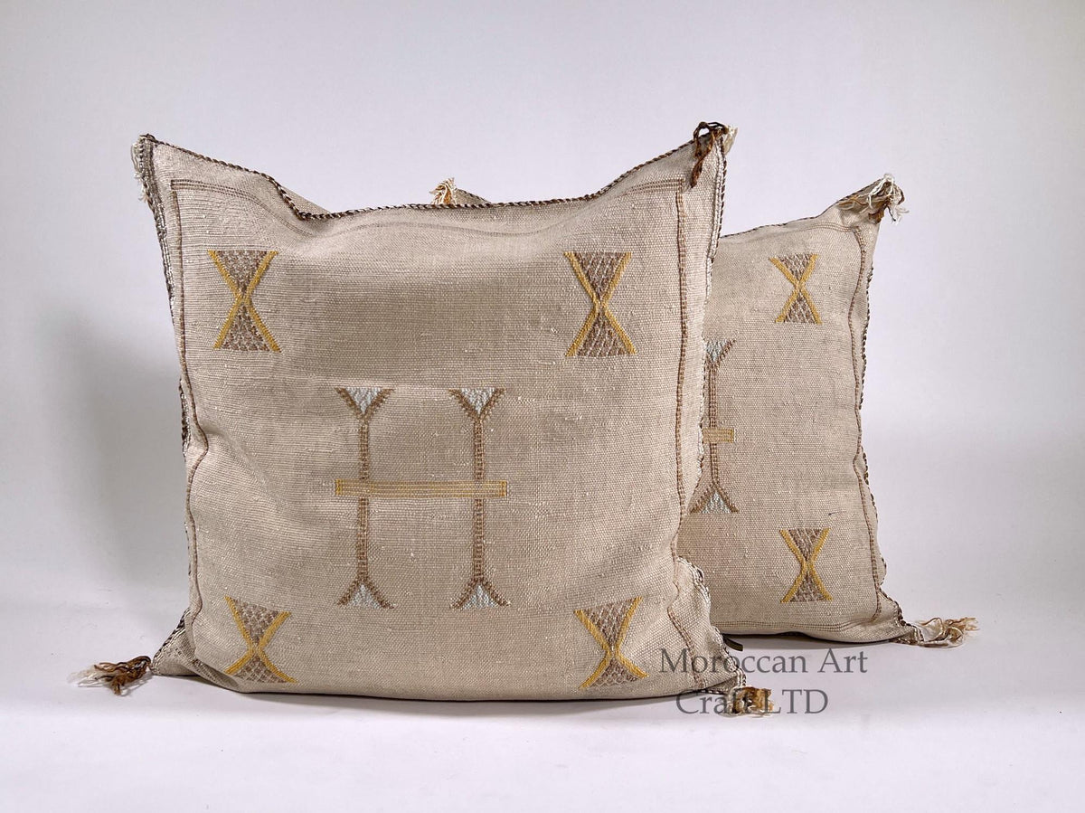 Beige Moroccan Silk Pillow Cover, Handmade Berber Boho Cushion with Gold Embroidery, Beni Ourain Style Fr - product image 1