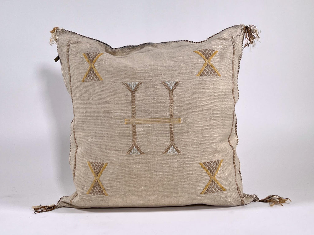 Beige Moroccan Silk Pillow Cover, Handmade Berber Boho Cushion with Gold Embroidery, Beni Ourain Style Fr - product image 2