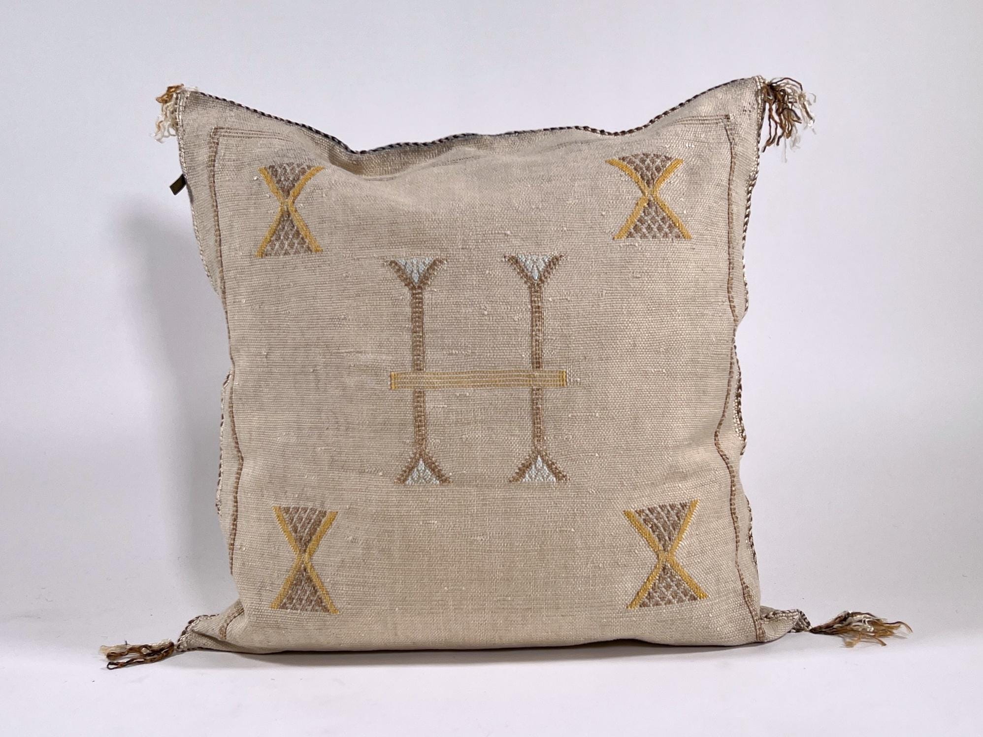Beige Moroccan Silk Pillow Cover, Handmade Berber Boho Cushion with Gold Embroidery, Beni Ourain Style Fr - product image 2