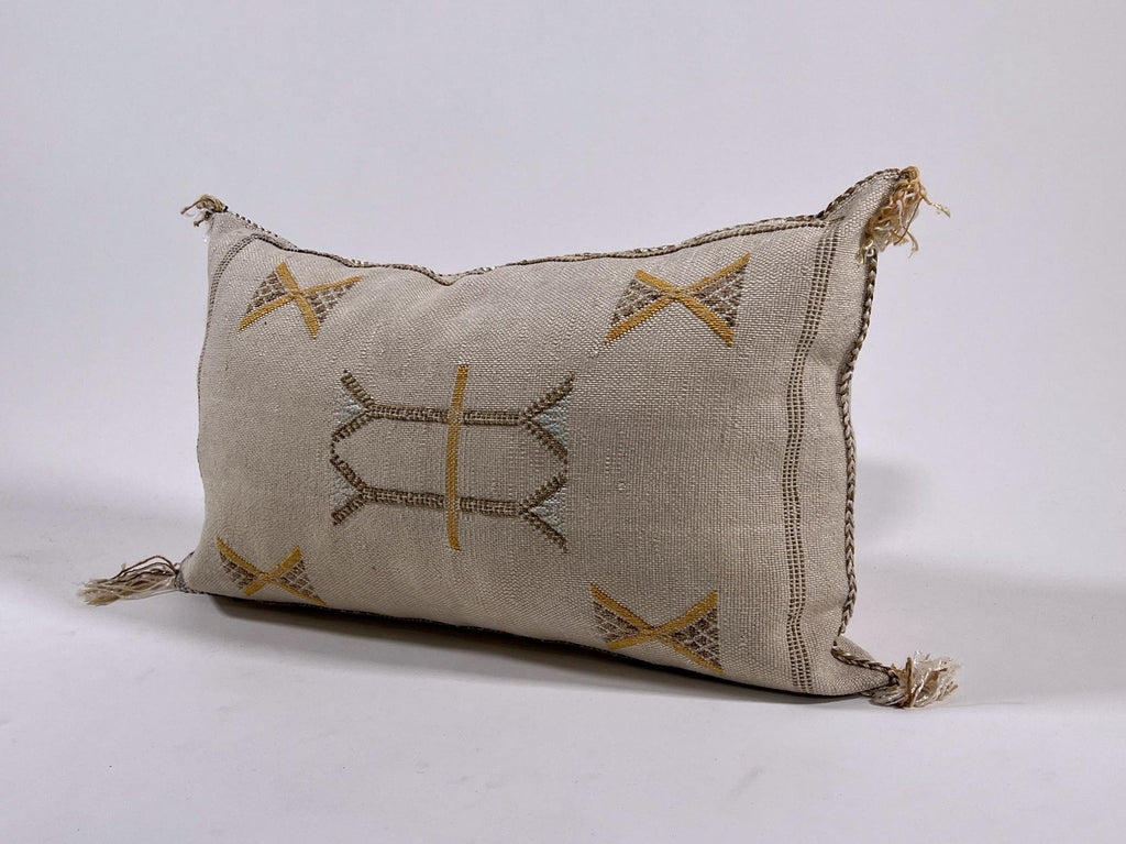 Beige Moroccan Silk Pillow Cover, Handmade Berber Boho Cushion with Gold Embroidery, Beni Ourain Style Fr - product image 6