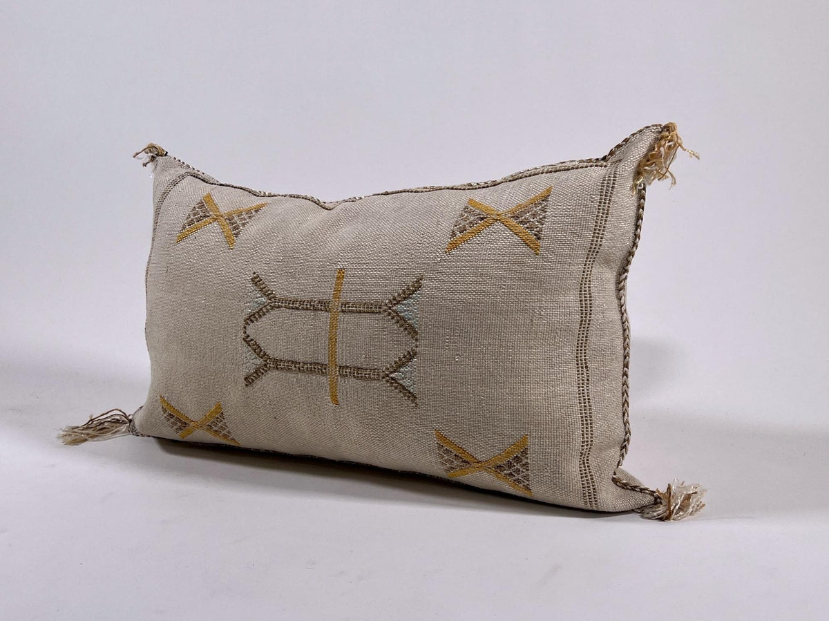 Beige Moroccan Silk Pillow Cover, Handmade Berber Boho Cushion with Gold Embroidery, Beni Ourain Style Fr - product image 6