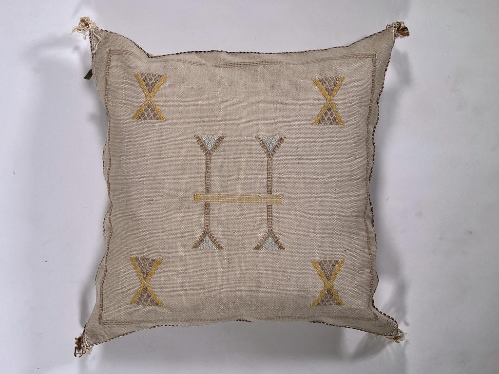 Beige Moroccan Silk Pillow Cover, Handmade Berber Boho Cushion with Gold Embroidery, Beni Ourain Style Fr - product image 9