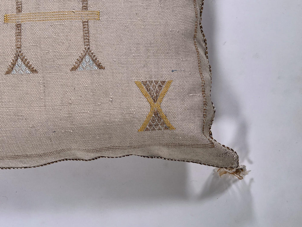Beige Moroccan Silk Pillow Cover, Handmade Berber Boho Cushion with Gold Embroidery, Beni Ourain Style Fr - product image 10