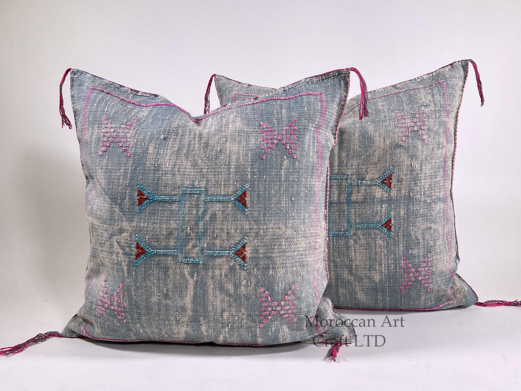 Blue Moroccan Silk Pillow Cover, Pink Embroidered Boho Cushion, Teal Geometric Sabra Silk Throw Pillow - product image 1