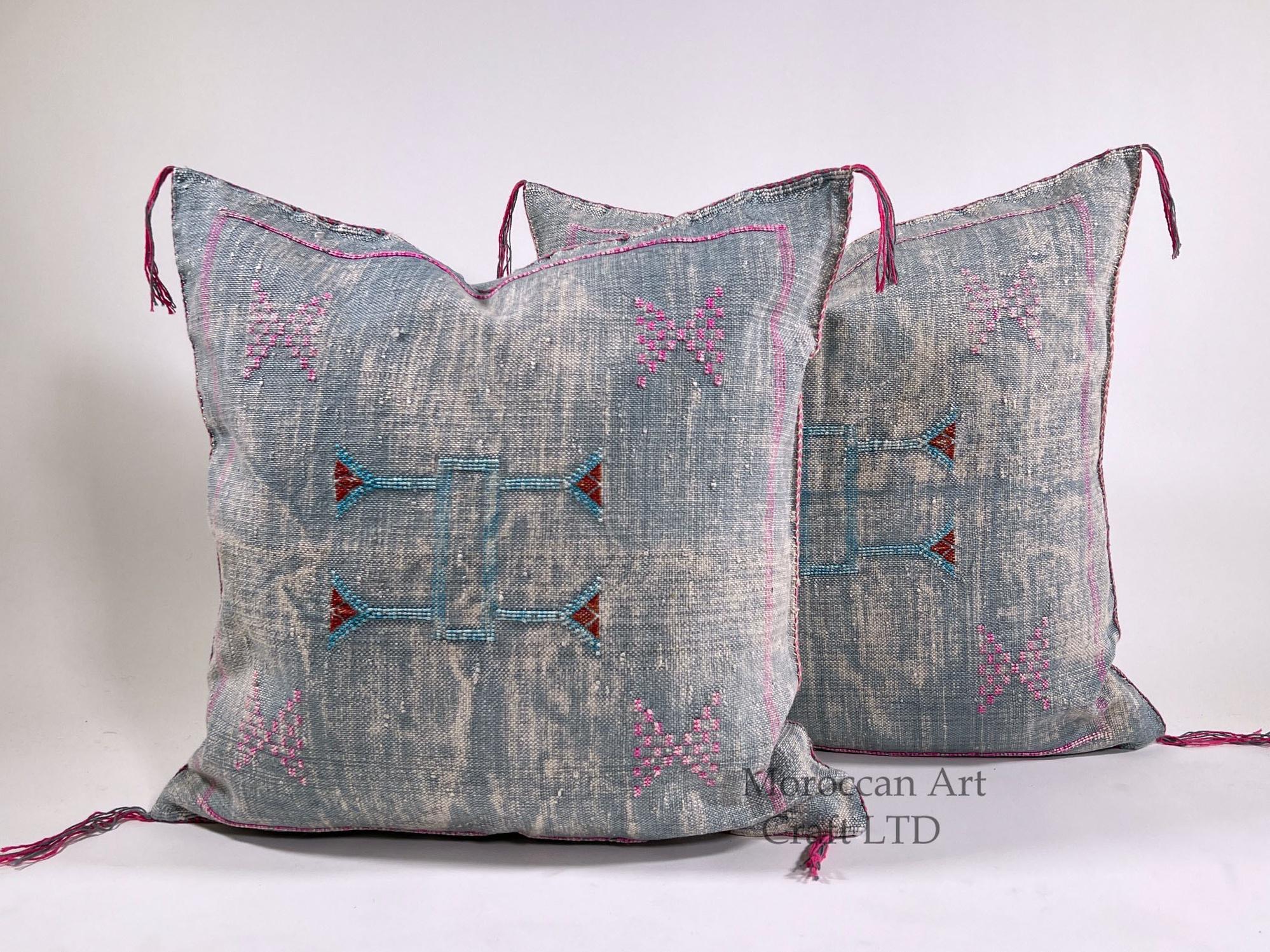 Blue Moroccan Silk Pillow Cover, Pink Embroidered Boho Cushion, Teal Geometric Sabra Silk Throw Pillow - product image 1