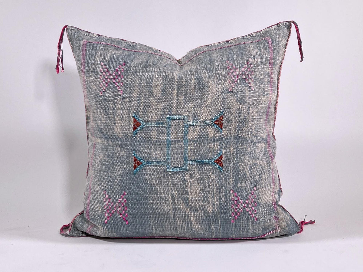 Blue Moroccan Silk Pillow Cover, Pink Embroidered Boho Cushion, Teal Geometric Sabra Silk Throw Pillow - product image 2