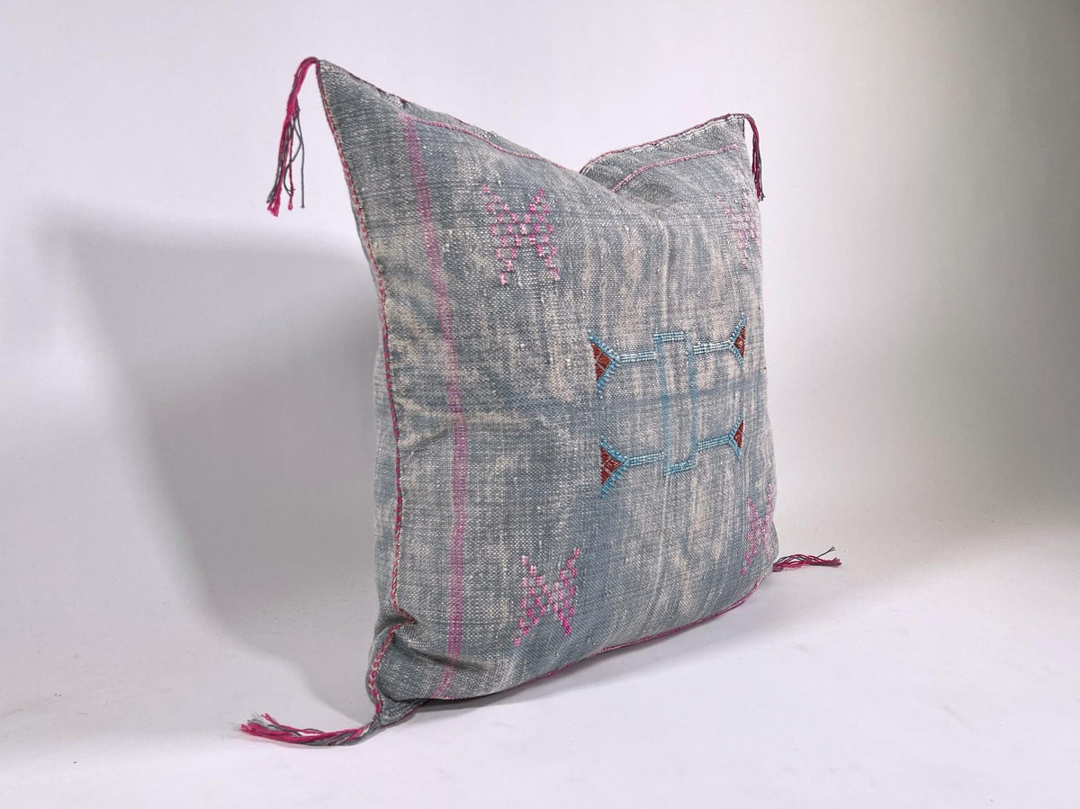 Blue Moroccan Silk Pillow Cover, Pink Embroidered Boho Cushion, Teal Geometric Sabra Silk Throw Pillow - product image 4