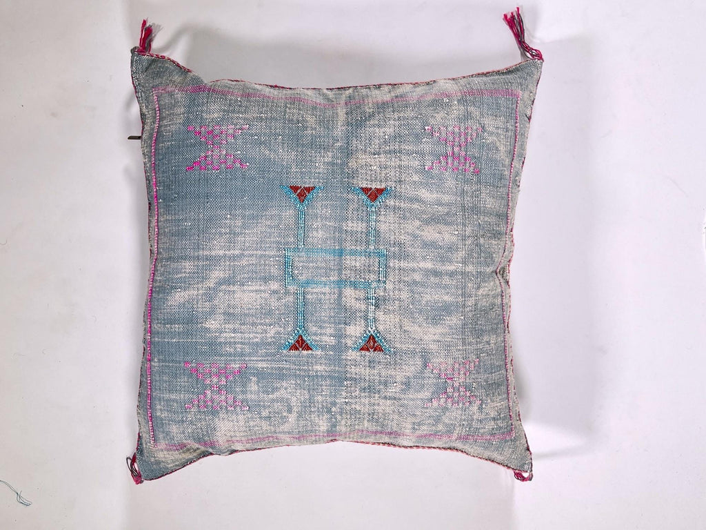 Blue Moroccan Silk Pillow Cover, Pink Embroidered Boho Cushion, Teal Geometric Sabra Silk Throw Pillow - product image 5