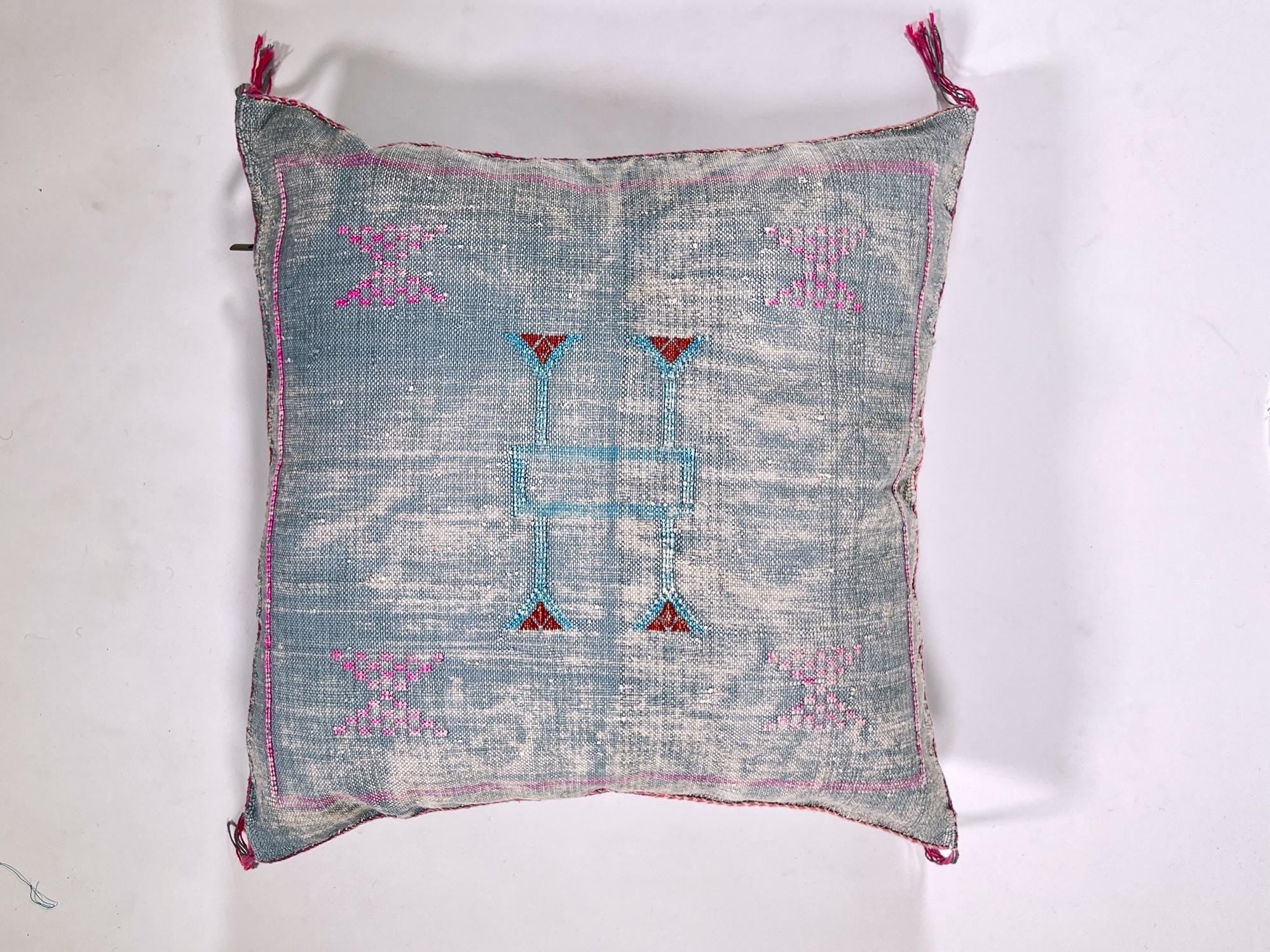 Blue Moroccan Silk Pillow Cover, Pink Embroidered Boho Cushion, Teal Geometric Sabra Silk Throw Pillow - product image 5
