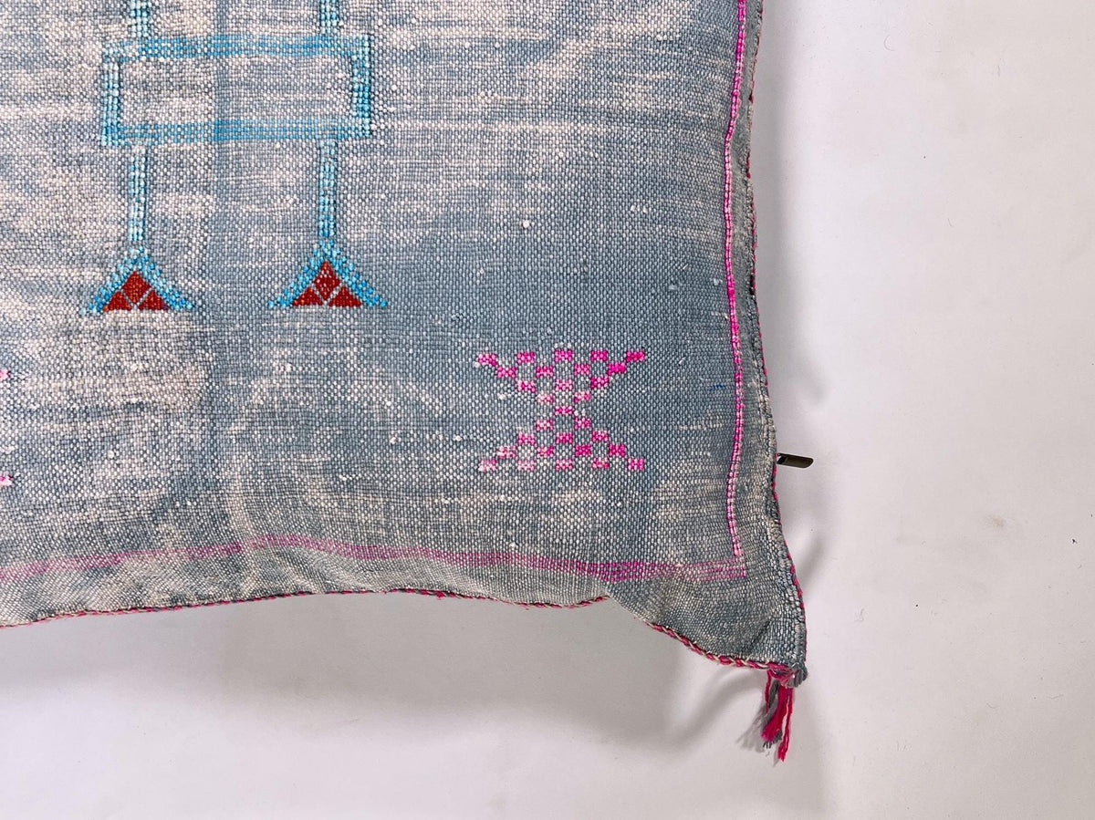 Blue Moroccan Silk Pillow Cover, Pink Embroidered Boho Cushion, Teal Geometric Sabra Silk Throw Pillow - product image 6