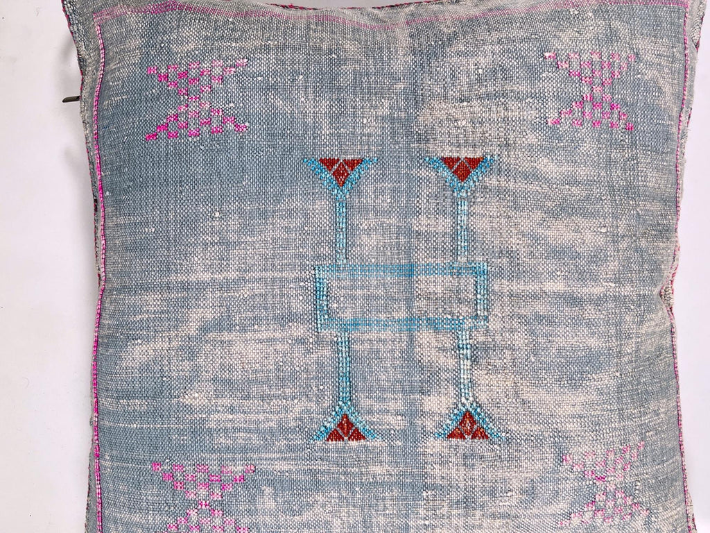 Blue Moroccan Silk Pillow Cover, Pink Embroidered Boho Cushion, Teal Geometric Sabra Silk Throw Pillow - product image 7
