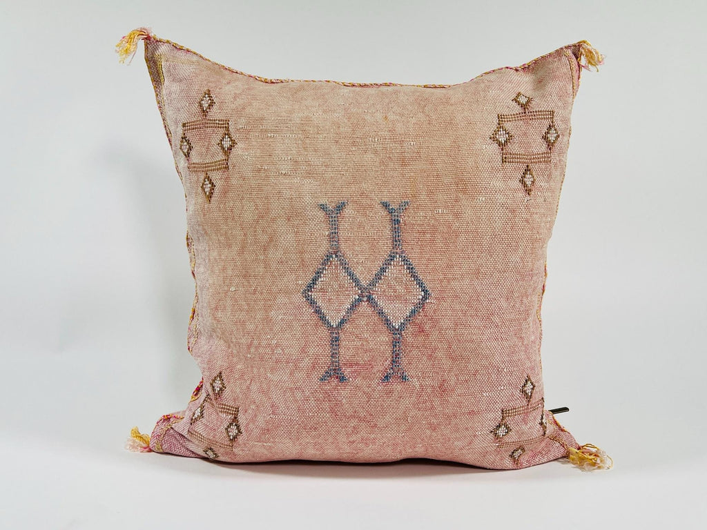 Pink Beige Moroccan Silk Pillow Cover, Blue Gold Berber Geometric Embroidery, Boho Sabra Cushion, Handmad - product image 2