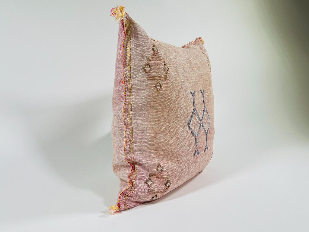 Pink Beige Moroccan Silk Pillow Cover, Blue Gold Berber Geometric Embroidery, Boho Sabra Cushion, Handmad - product image 4