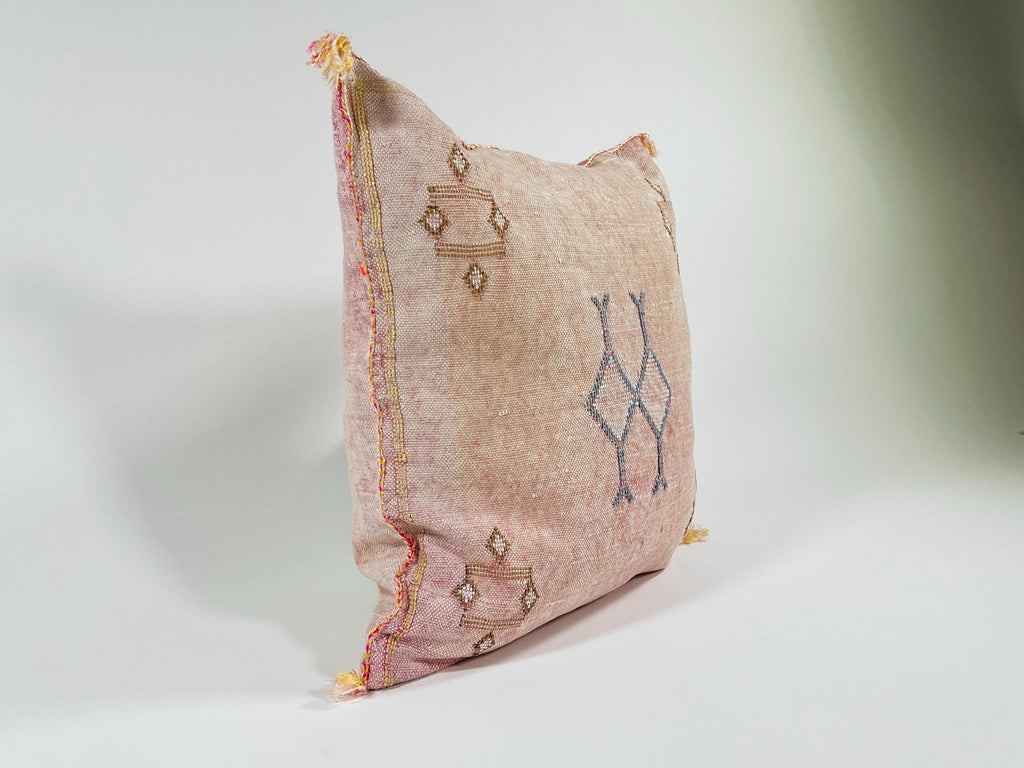 Pink Beige Moroccan Silk Pillow Cover, Blue Gold Berber Geometric Embroidery, Boho Sabra Cushion, Handmad - product image 3