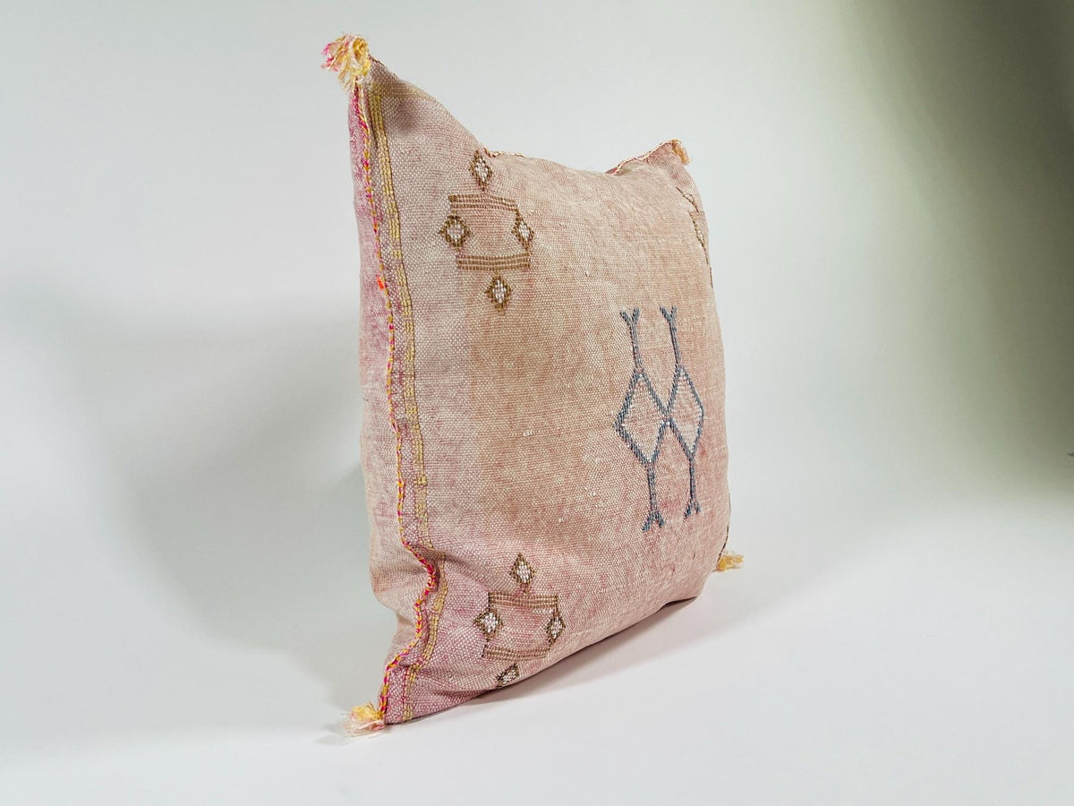 Pink Beige Moroccan Silk Pillow Cover, Blue Gold Berber Geometric Embroidery, Boho Sabra Cushion, Handmad - product image 3