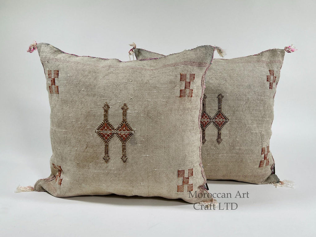 Beige Moroccan Silk Pillow Cover, Handmade Berber Boho Cushion with Rust Geometric Embroidery, Ivory Sabr - product image 1