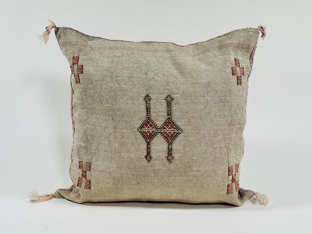 Beige Moroccan Silk Pillow Cover, Handmade Berber Boho Cushion with Rust Geometric Embroidery, Ivory Sabr - product image 3