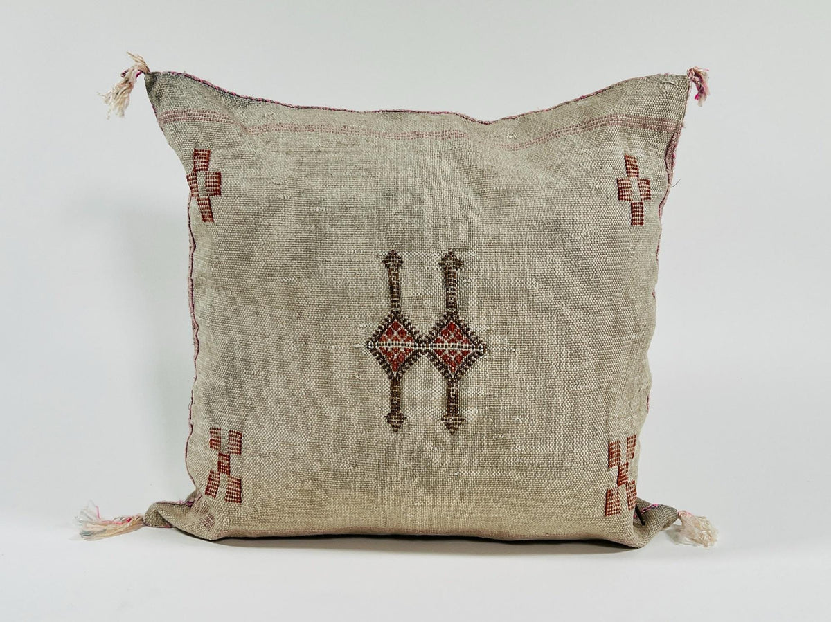 Beige Moroccan Silk Pillow Cover, Handmade Berber Boho Cushion with Rust Geometric Embroidery, Ivory Sabr - product image 3