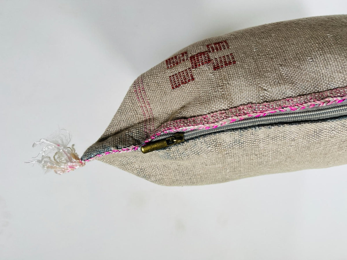 Beige Moroccan Silk Pillow Cover, Handmade Berber Boho Cushion with Rust Geometric Embroidery, Ivory Sabr - product image 10