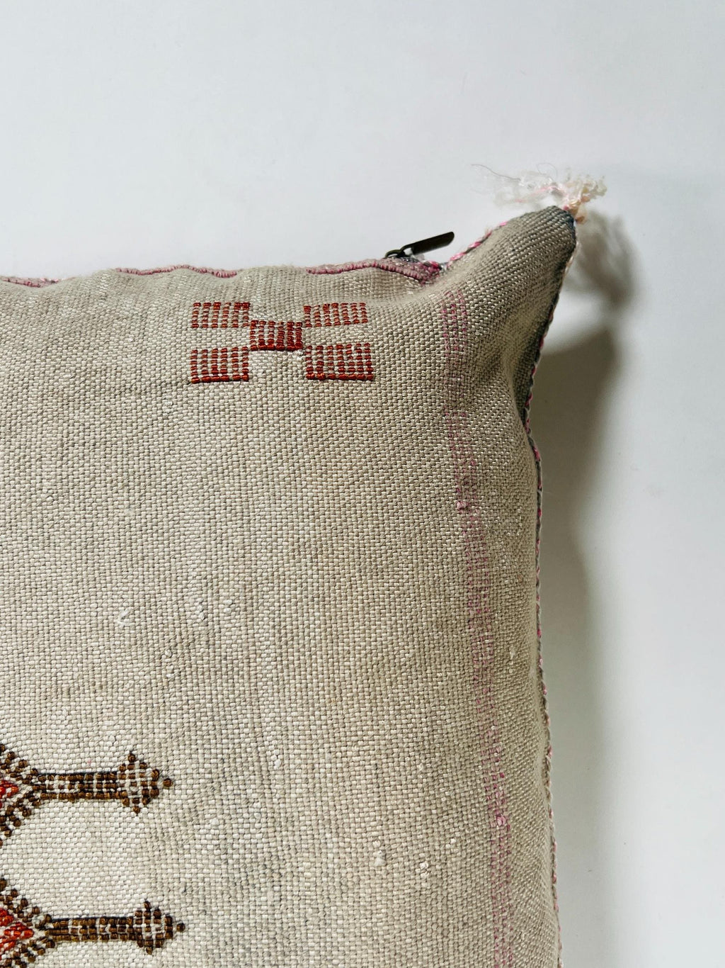 Beige Moroccan Silk Pillow Cover, Handmade Berber Boho Cushion with Rust Geometric Embroidery, Ivory Sabr - product image 7