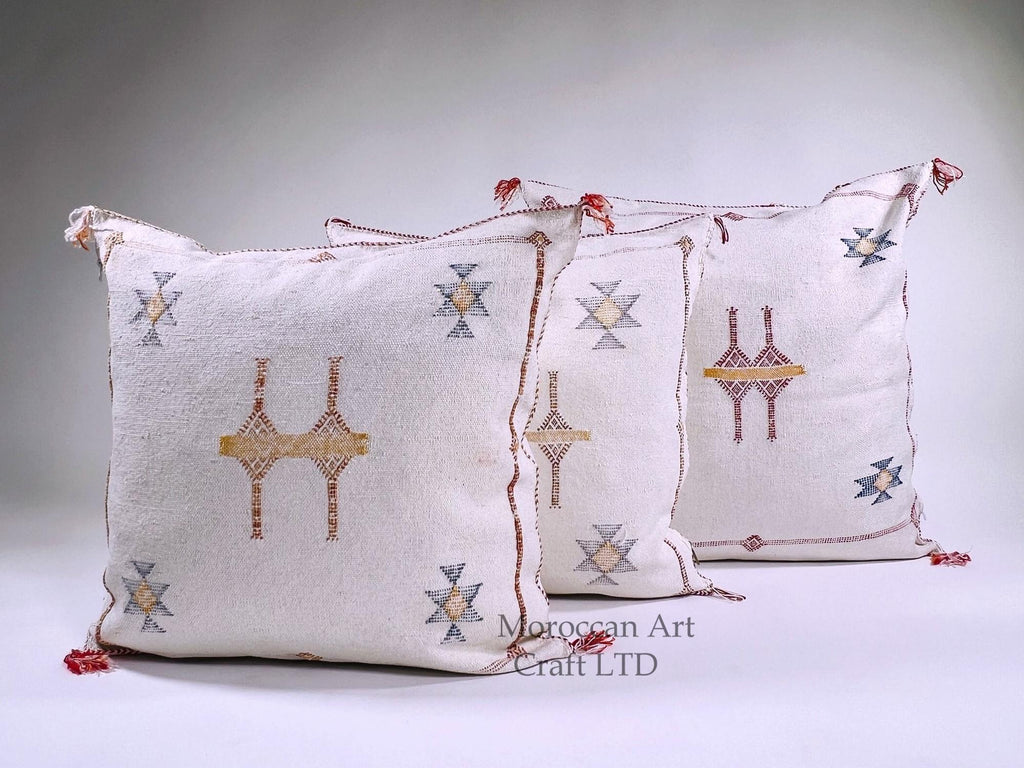 Cream Moroccan Silk Pillow Cover, Beige Boho Kilim Cushion with Grey Geometric Embroidery & Tassel Corner - product image 1