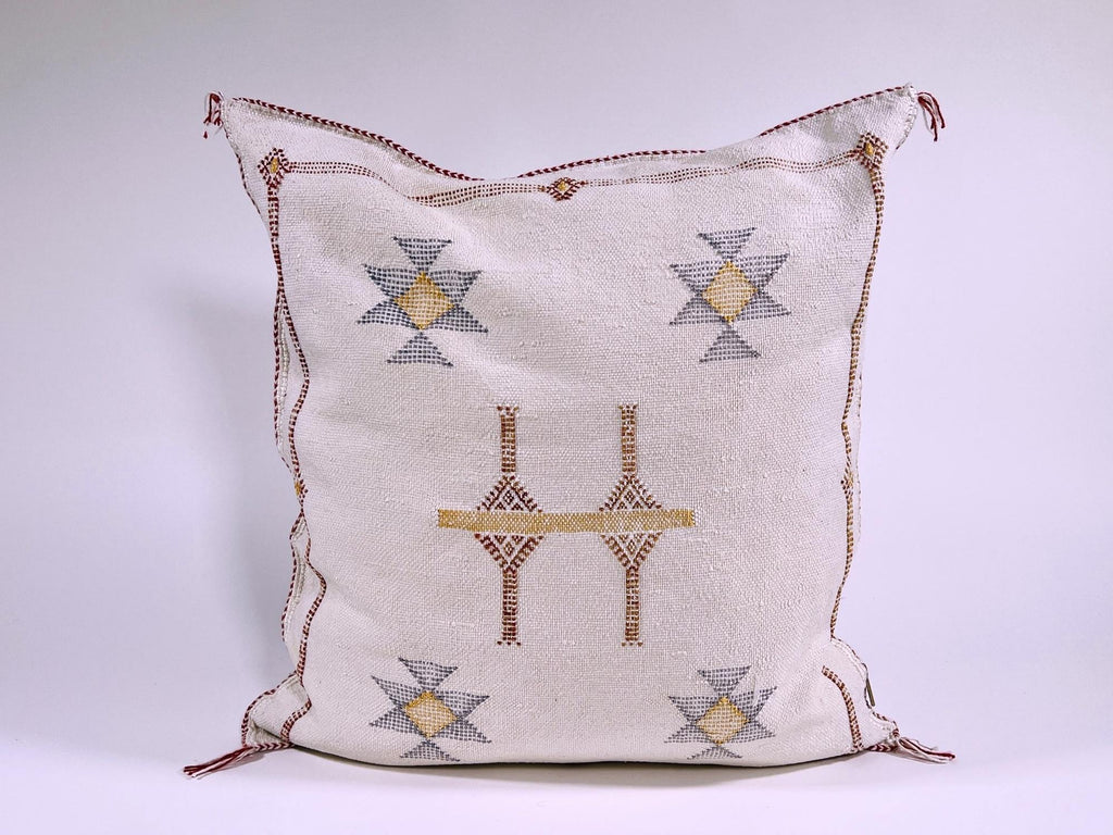 Cream Moroccan Silk Pillow Cover, Beige Boho Kilim Cushion with Grey Geometric Embroidery & Tassel Corner - product image 2