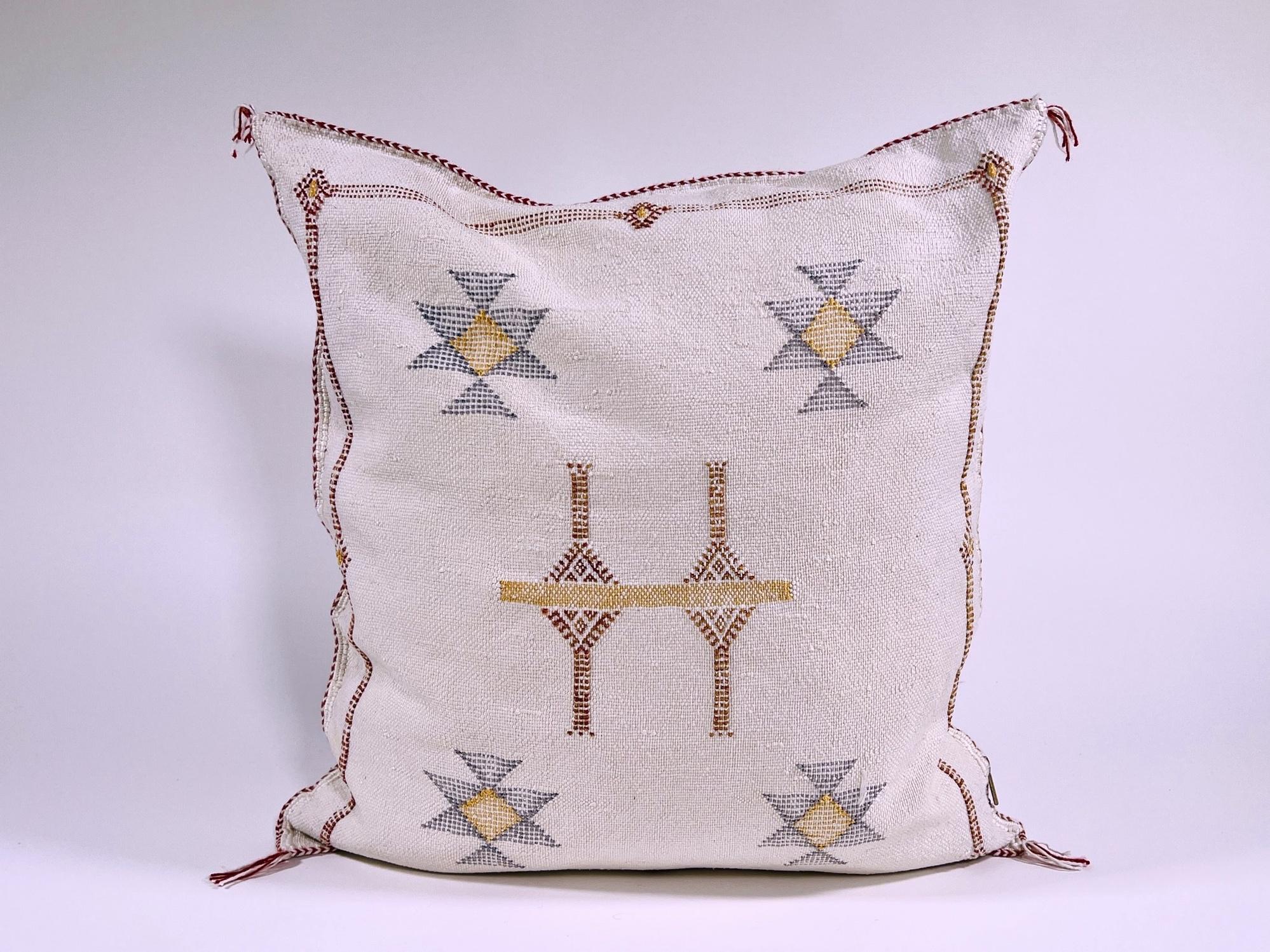Cream Moroccan Silk Pillow Cover, Beige Boho Kilim Cushion with Grey Geometric Embroidery & Tassel Corner - product image 2