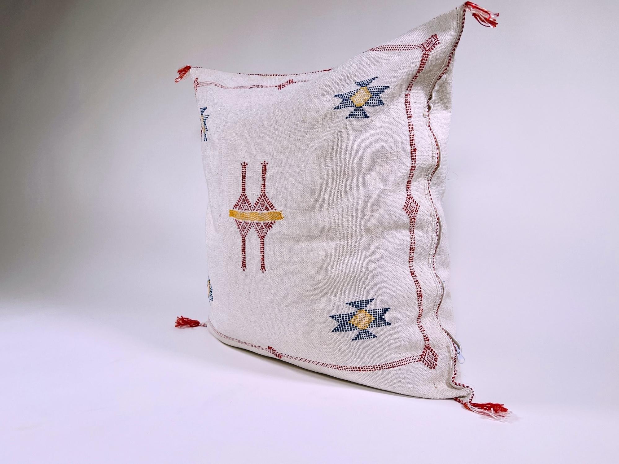 Cream Moroccan Silk Pillow Cover, Beige Boho Kilim Cushion with Grey Geometric Embroidery & Tassel Corner - product image 4