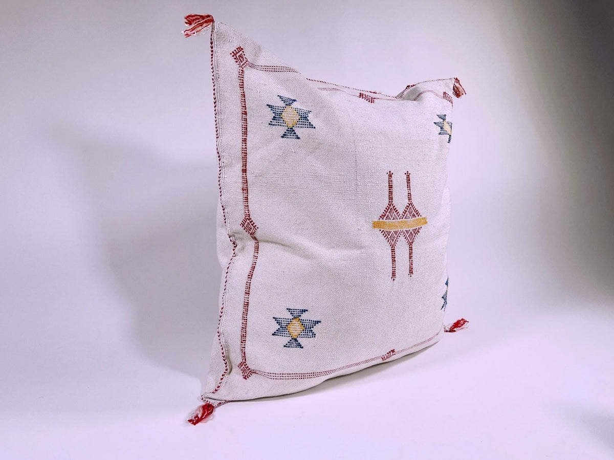 Cream Moroccan Silk Pillow Cover, Beige Boho Kilim Cushion with Grey Geometric Embroidery & Tassel Corner - product image 5