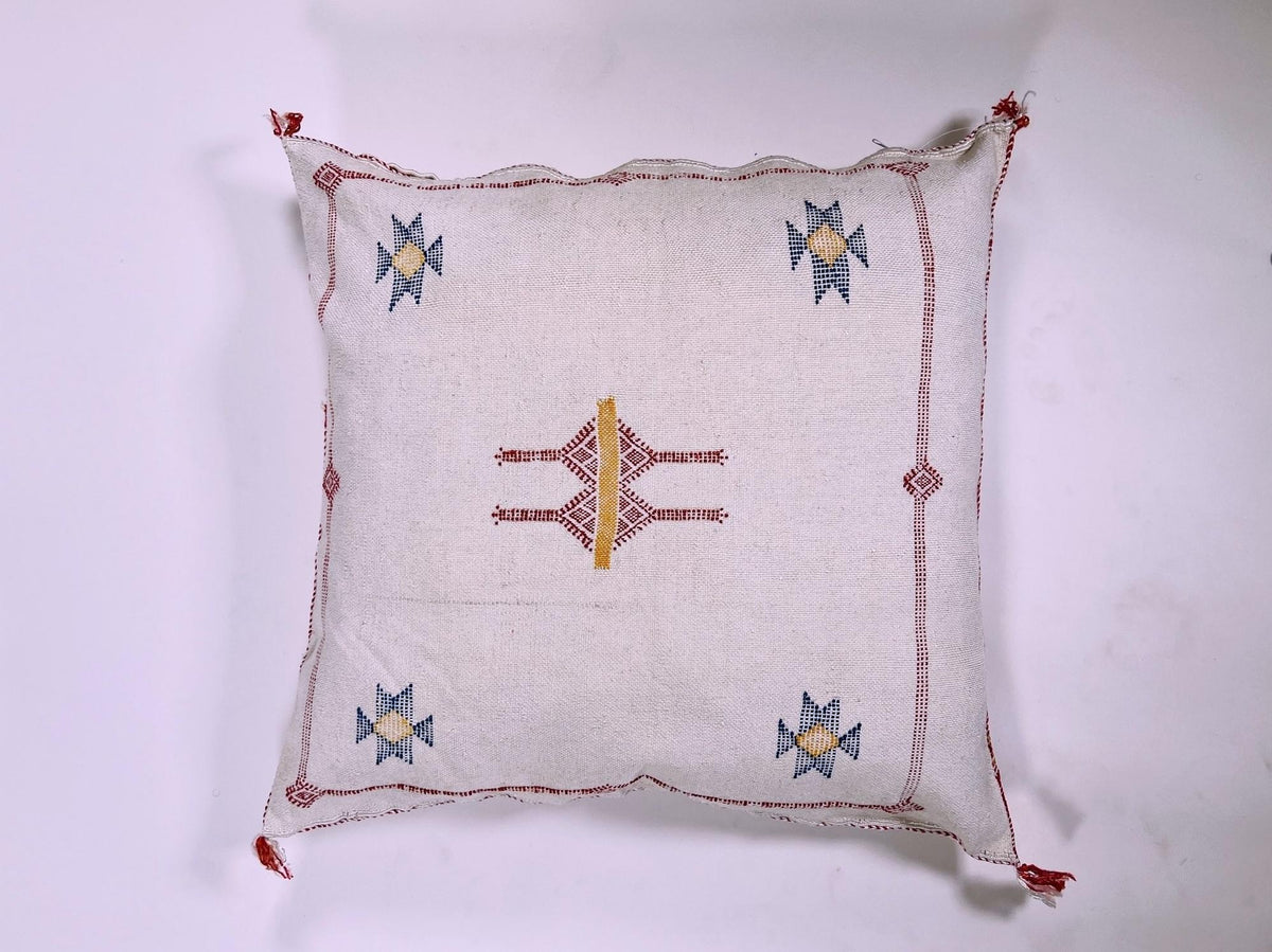 Cream Moroccan Silk Pillow Cover, Beige Boho Kilim Cushion with Grey Geometric Embroidery & Tassel Corner - product image 6