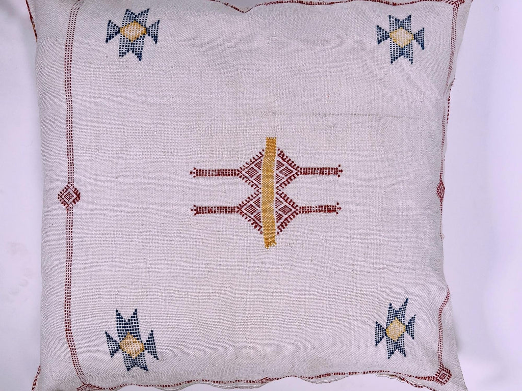 Cream Moroccan Silk Pillow Cover, Beige Boho Kilim Cushion with Grey Geometric Embroidery & Tassel Corner - product image 7