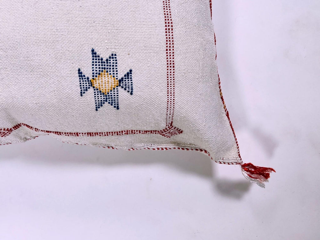 Cream Moroccan Silk Pillow Cover, Beige Boho Kilim Cushion with Grey Geometric Embroidery & Tassel Corner - product image 8