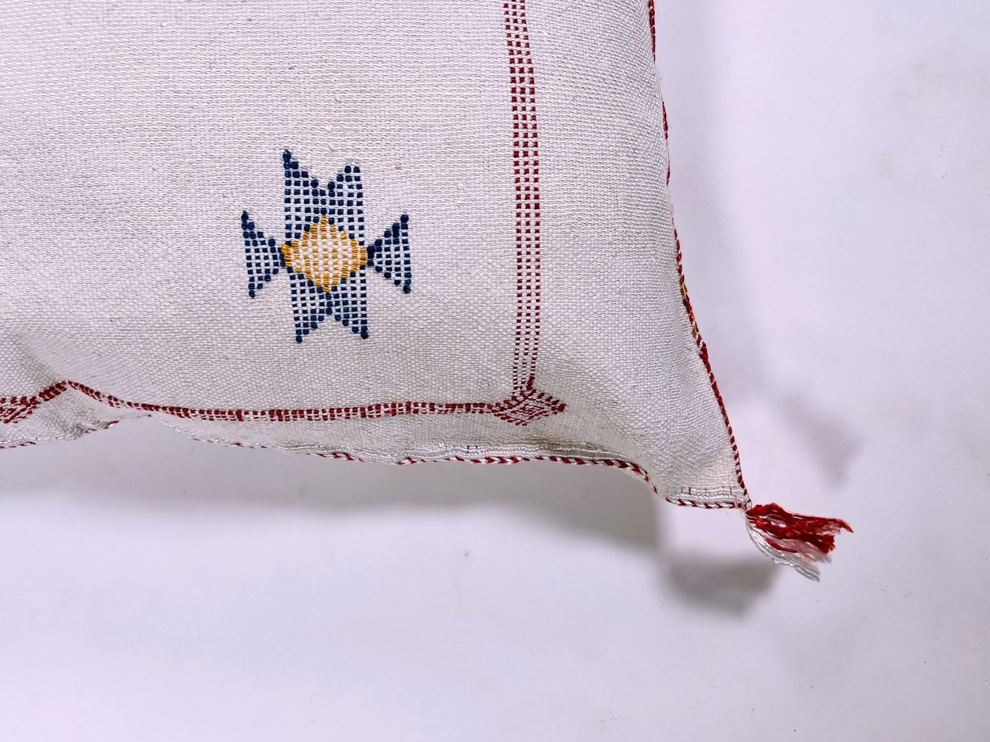 Cream Moroccan Silk Pillow Cover, Beige Boho Kilim Cushion with Grey Geometric Embroidery & Tassel Corner - product image 8