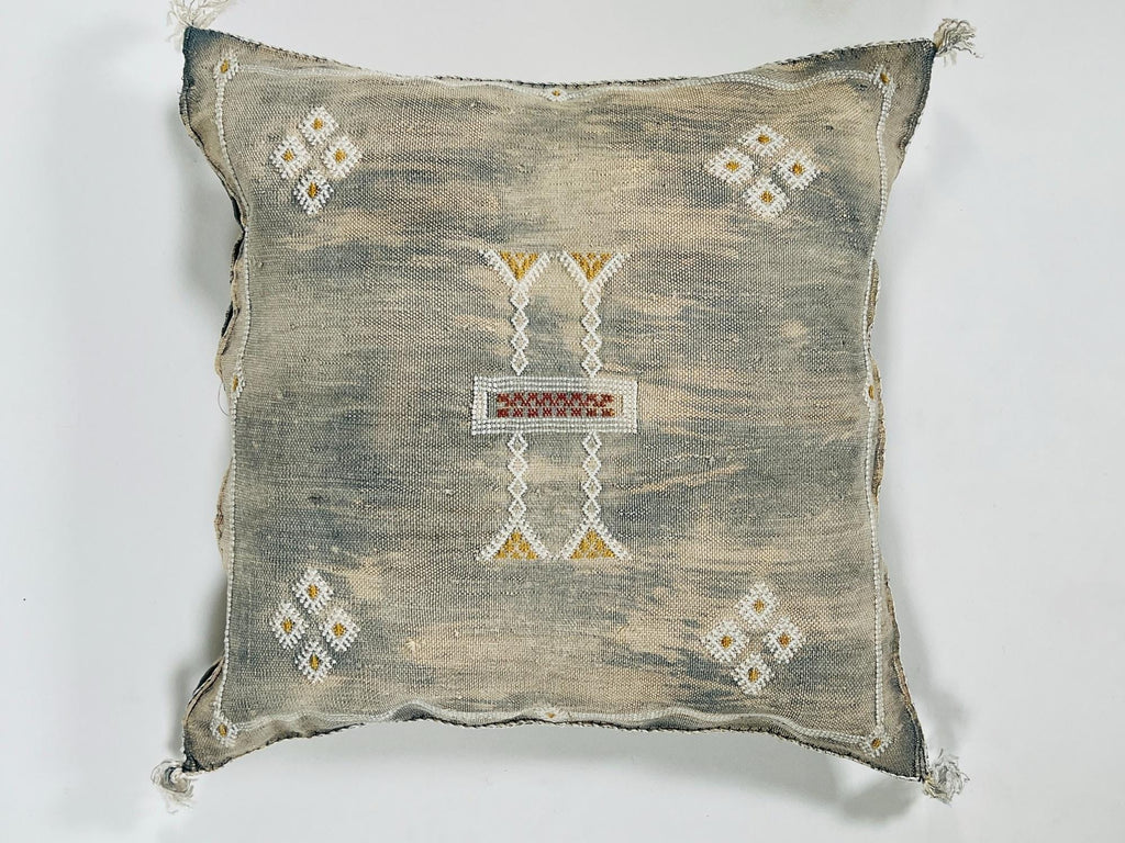 Beige Moroccan Silk Pillow Cover, Berber Boho Cushion with Geometric Embroidery, Handmade Sabra Silk Deco - product image 5