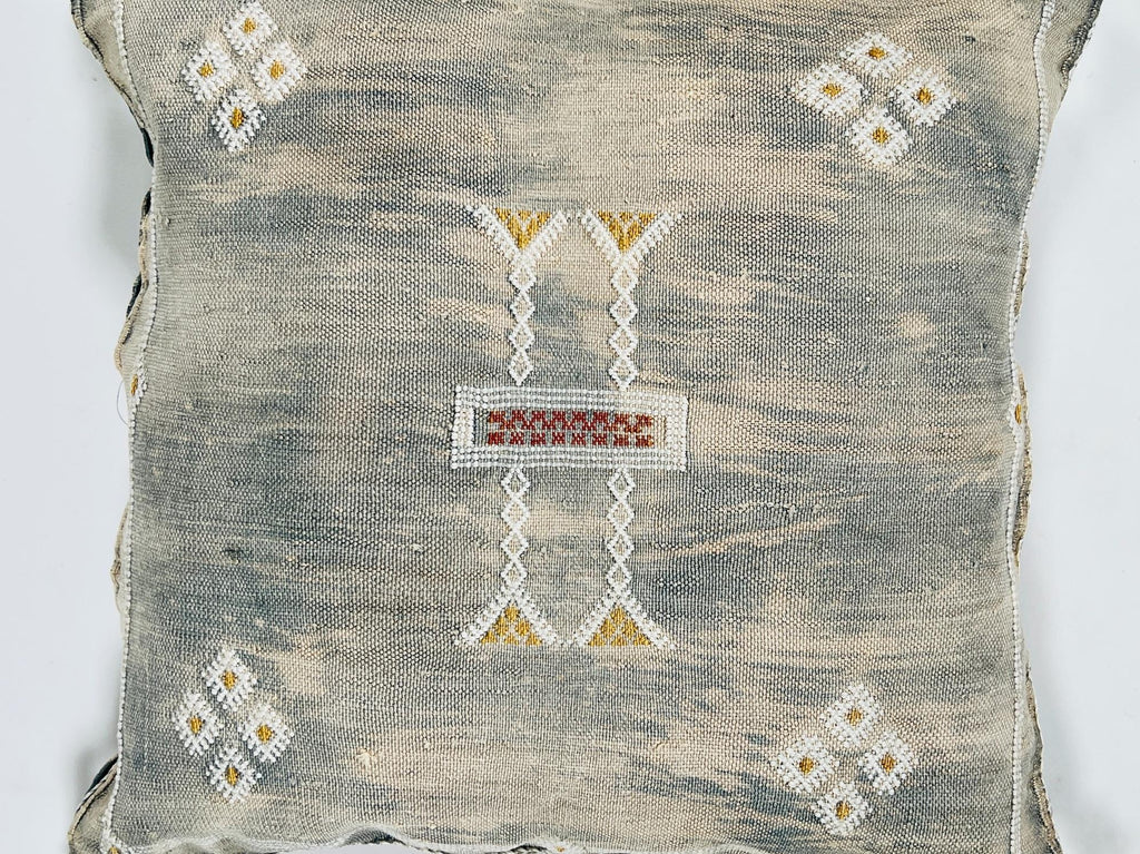 Beige Moroccan Silk Pillow Cover, Berber Boho Cushion with Geometric Embroidery, Handmade Sabra Silk Deco - product image 7