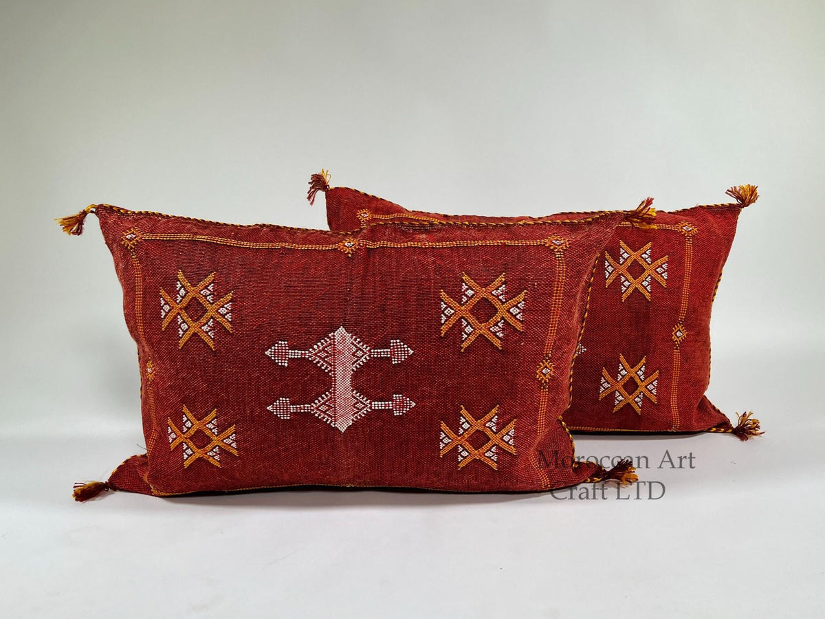 Red Moroccan Kilim Pillow Cover, Handmade Silk Boho Lumbar Pillow with Berber Embroidery and Tassel Corne - product image 1