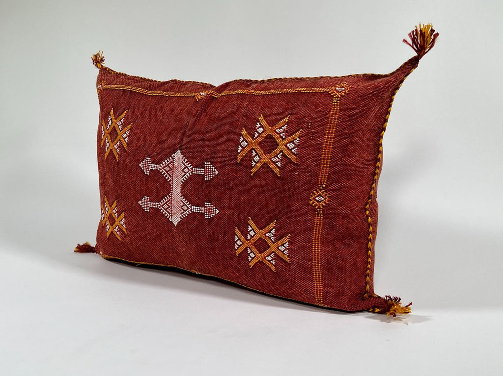 Red Moroccan Kilim Pillow Cover, Handmade Silk Boho Lumbar Pillow with Berber Embroidery and Tassel Corne - product image 4