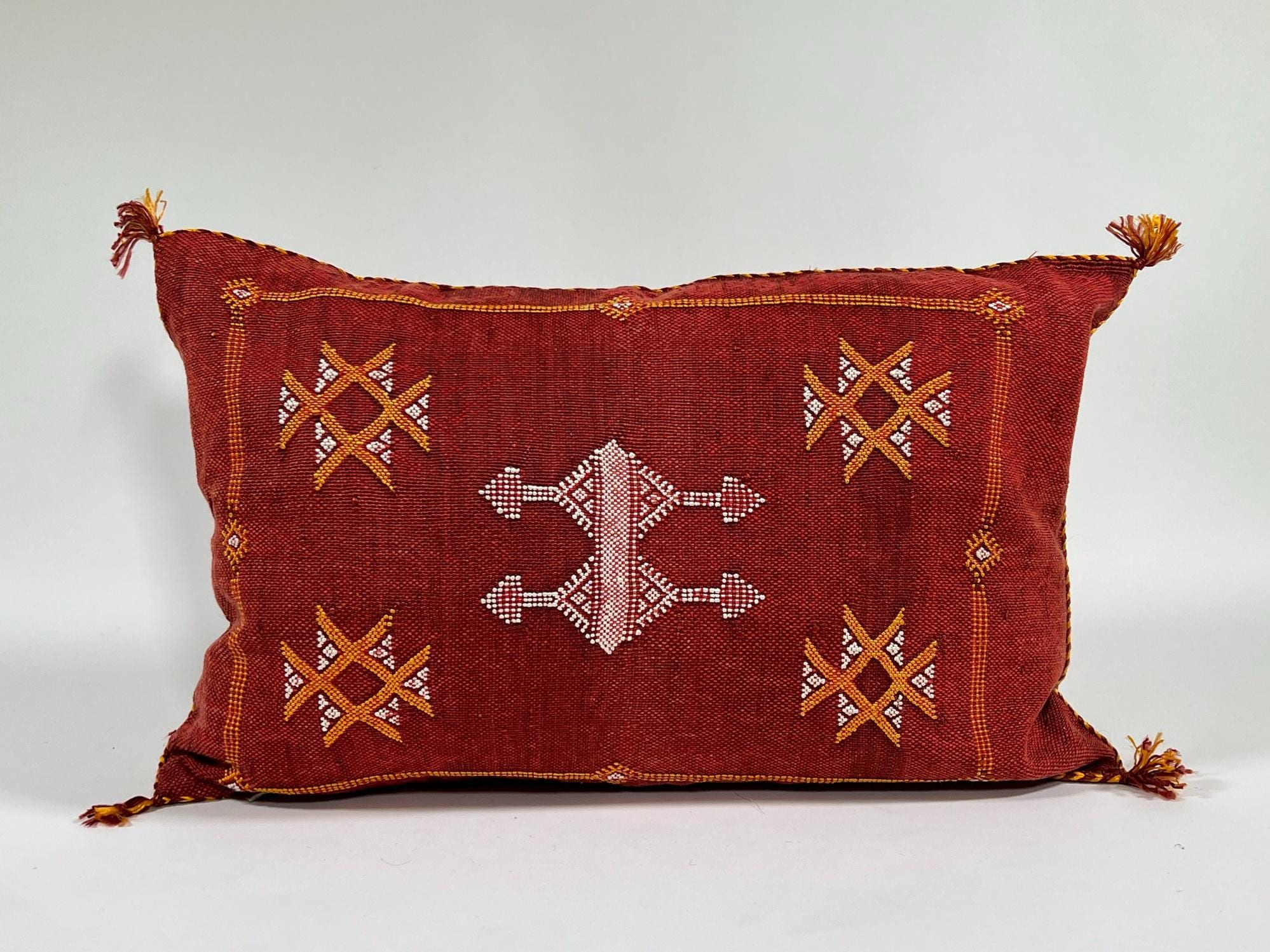Red Moroccan Kilim Pillow Cover, Handmade Silk Boho Lumbar Pillow with Berber Embroidery and Tassel Corne - product image 2