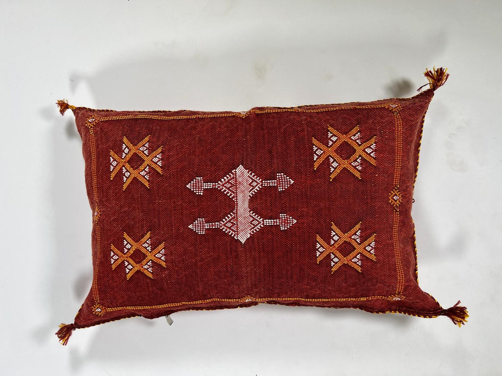 Red Moroccan Kilim Pillow Cover, Handmade Silk Boho Lumbar Pillow with Berber Embroidery and Tassel Corne - product image 6