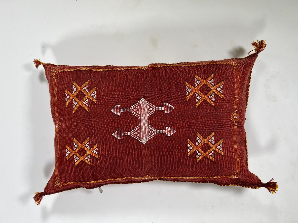 Red Moroccan Kilim Pillow Cover, Handmade Silk Boho Lumbar Pillow with Berber Embroidery and Tassel Corne - product image 6