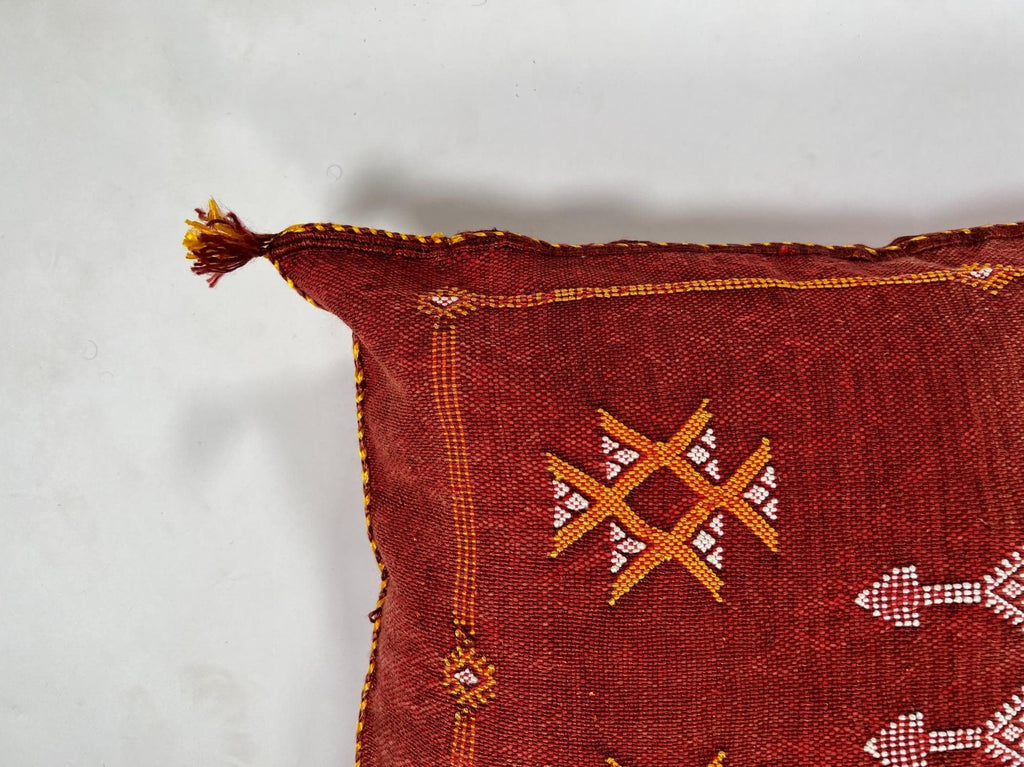 Red Moroccan Kilim Pillow Cover, Handmade Silk Boho Lumbar Pillow with Berber Embroidery and Tassel Corne - product image 9