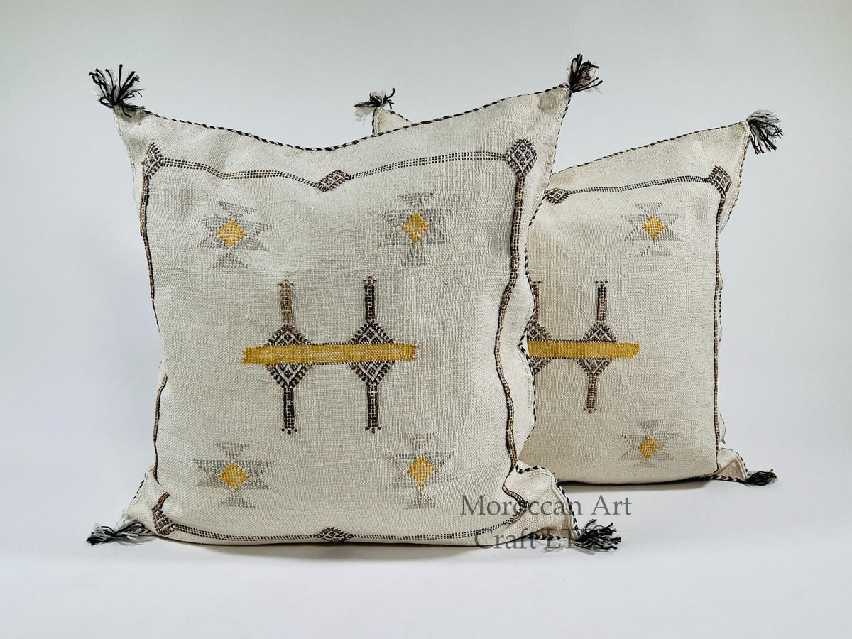 Cream Moroccan Silk Pillow Cover, Black Geometric Kilim Design, Mustard Accent Boho Tassel Cushion Cover - product image 1