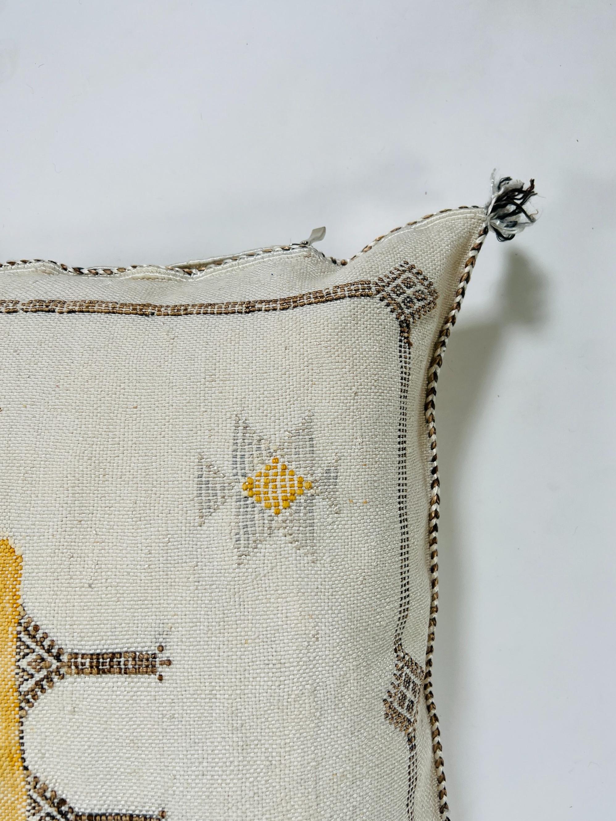 Cream Moroccan Silk Pillow Cover, Black Geometric Kilim Design, Mustard Accent Boho Tassel Cushion Cover - product image 6