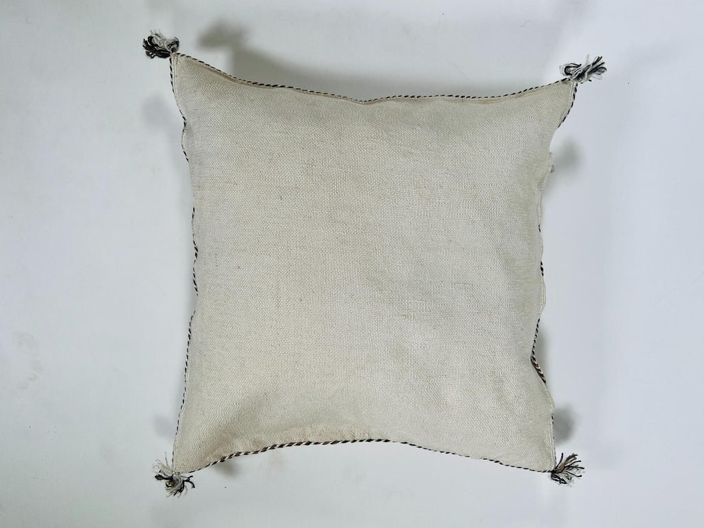 Cream Moroccan Silk Pillow Cover, Black Geometric Kilim Design, Mustard Accent Boho Tassel Cushion Cover - product image 9