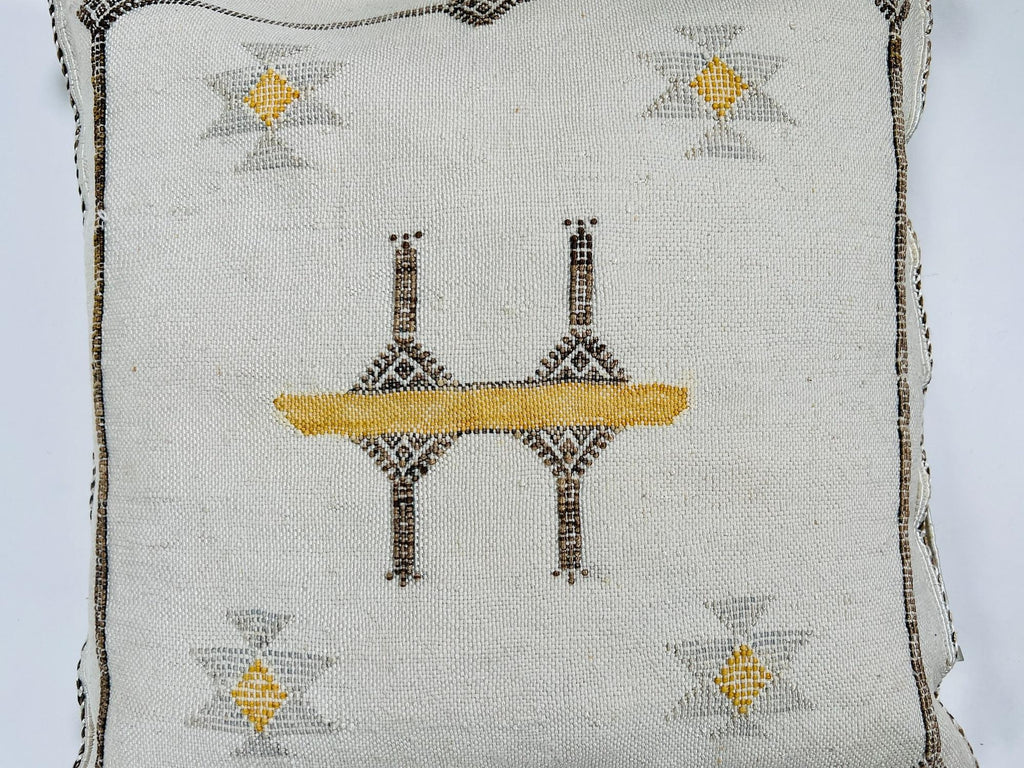 Cream Moroccan Silk Pillow Cover, Black Geometric Kilim Design, Mustard Accent Boho Tassel Cushion Cover - product image 7
