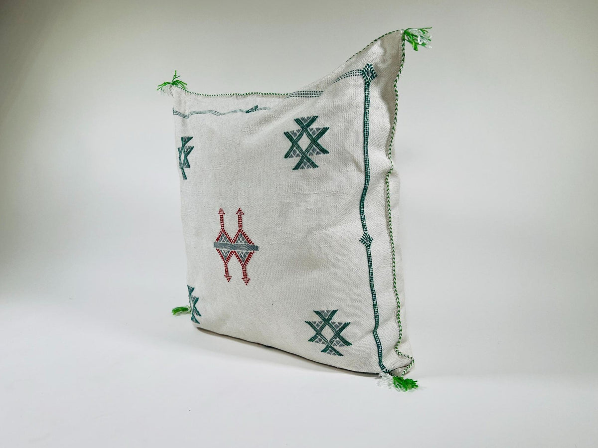 Moroccan White Silk Pillow Cover, Green Red Tribal Embroidery, Boho Tassel Cushion, Handmade Kilim Style - product image 3