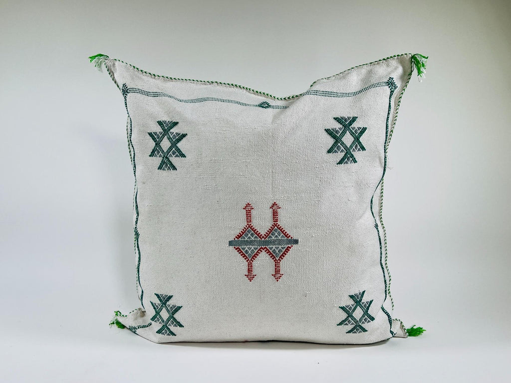 Moroccan White Silk Pillow Cover, Green Red Tribal Embroidery, Boho Tassel Cushion, Handmade Kilim Style - product image 2