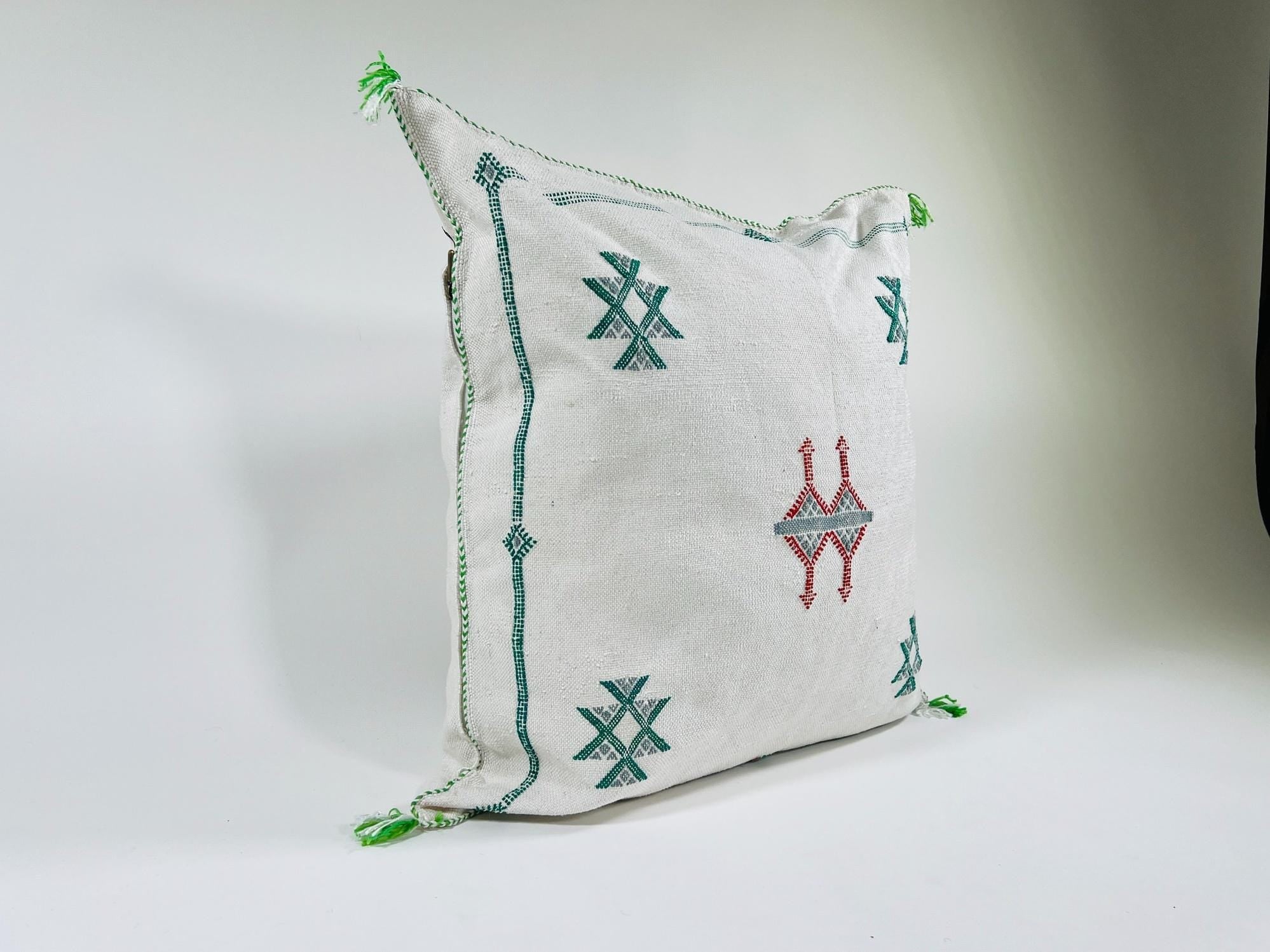 Moroccan White Silk Pillow Cover, Green Red Tribal Embroidery, Boho Tassel Cushion, Handmade Kilim Style - product image 4