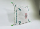 Moroccan White Silk Pillow Cover, Green Red Tribal Embroidery, Boho Tassel Cushion, Handmade Kilim Style - product image 4