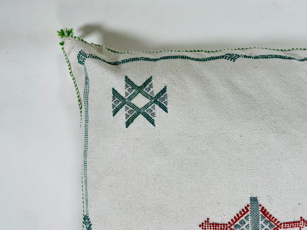 Moroccan White Silk Pillow Cover, Green Red Tribal Embroidery, Boho Tassel Cushion, Handmade Kilim Style - product image 6